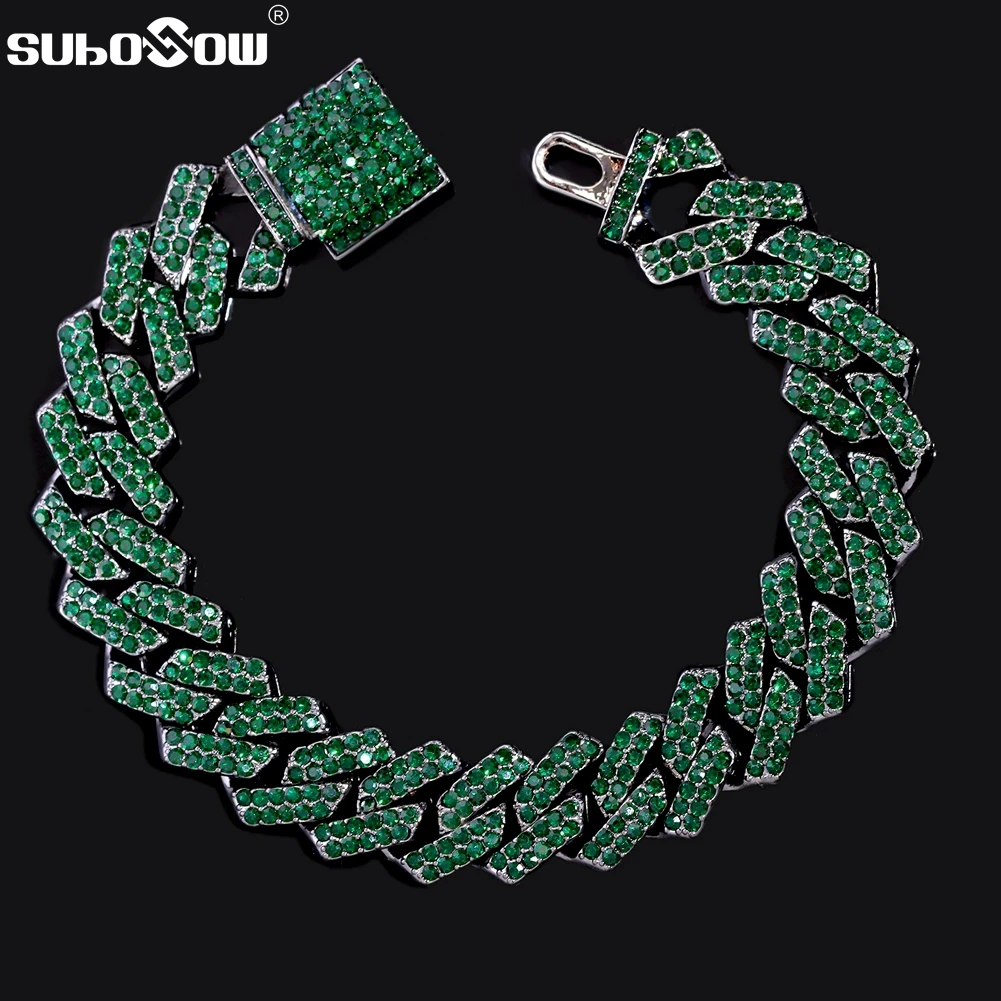 

Hip Hop Men Shine Crystal 14MM Rhombus Prong Cuban Link Chain Bracelet Green Rhinestones Iced Out Chain Bracelet Gothic Jewelry