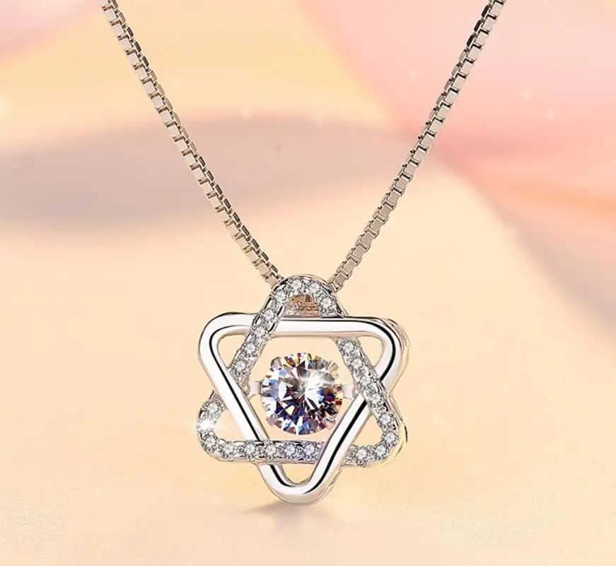 

2022 New Dancing Zircon Star of David Hexagram Gemstone 925 Silver Necklace For Women Jewelry Clavicle Chain Gift