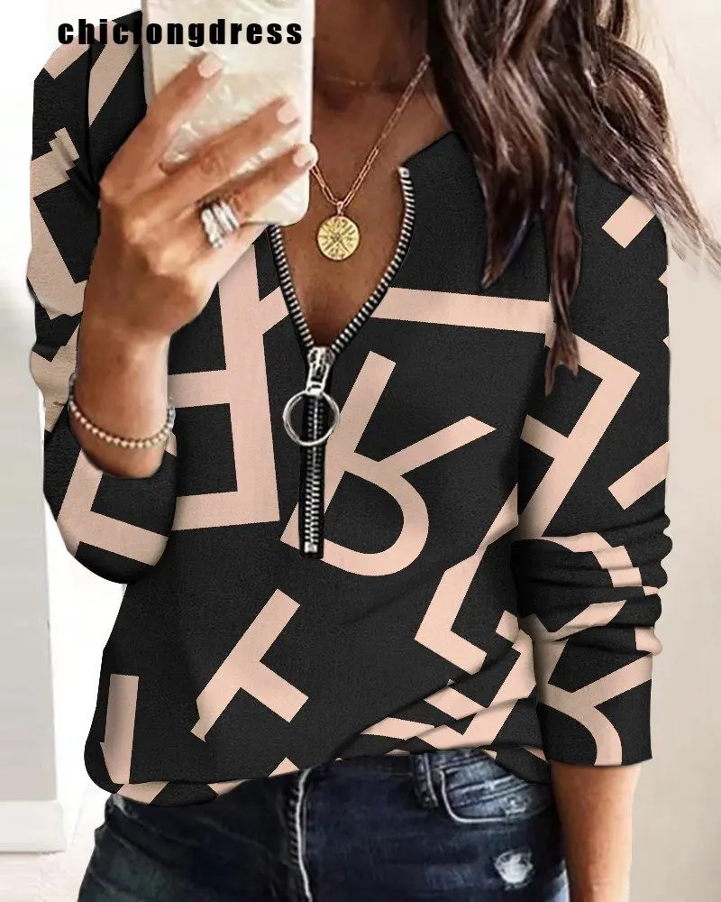 

Autumn Fashion Print Pullover Zipper Tshirt Women Casual Long Sleeve Print Tops Tshirt Women