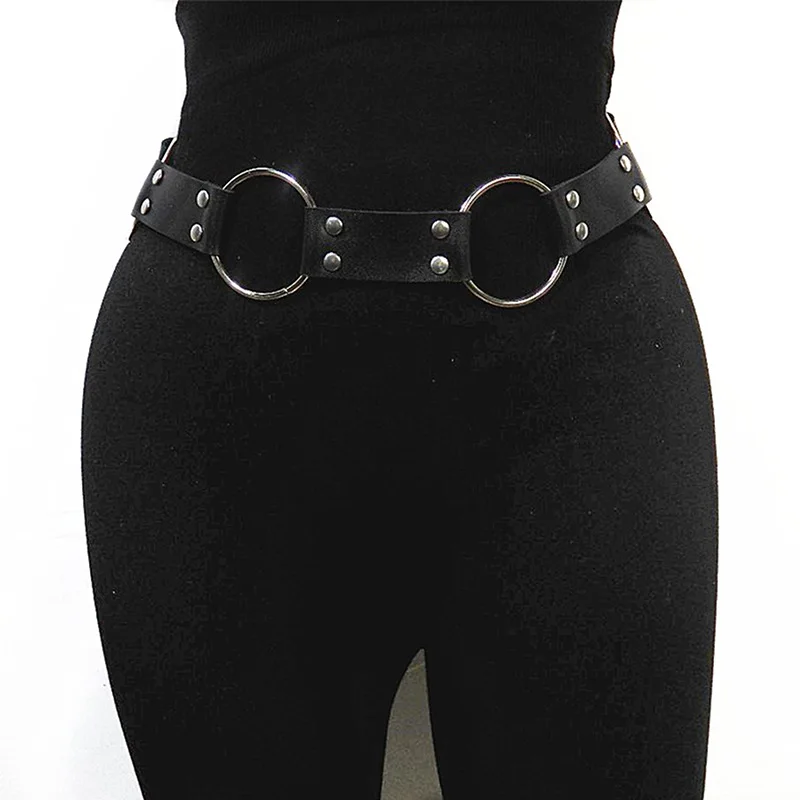 Fashion Women Gothic Punk Waist Belt Metal Circle Ring Design Silver Pin Buckle Leather Black Waistband Jeans Waist Belts