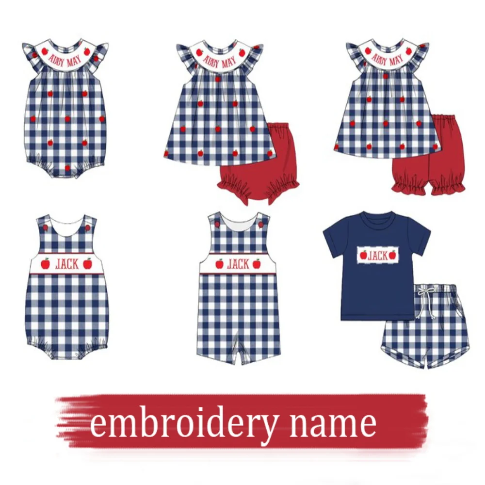 

Back To School Apple Outfits Baby Boy Clothes Set Custom Name Embroidery Bodysuit Toddler Suit Kids T-shirt 1-8T Bluey Shorts