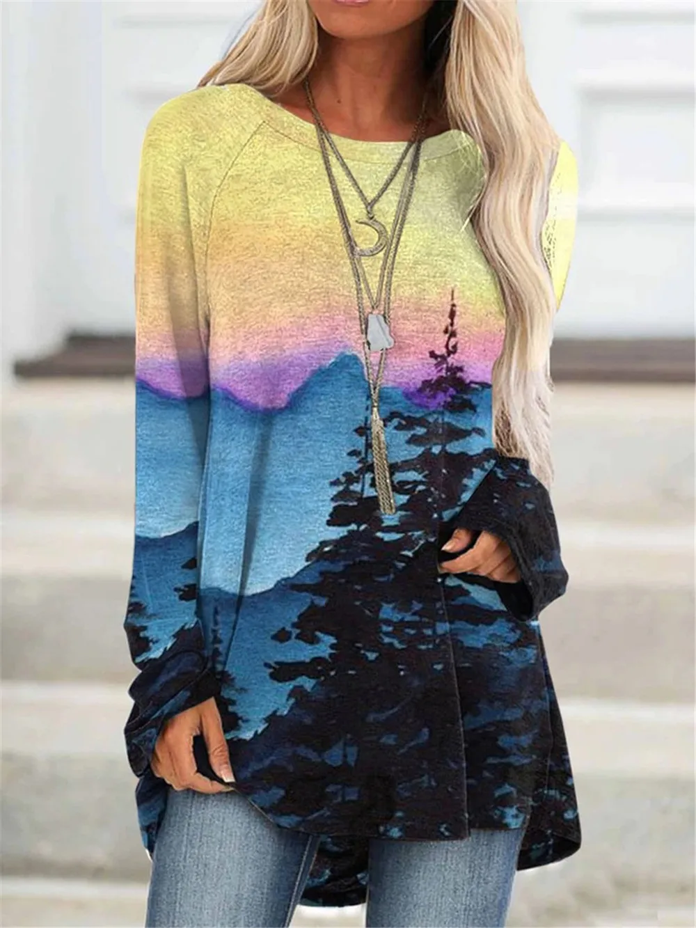 

Женский свободный топ с постепенными изменениями пейзажа, Осенний пуловер с 3D-принтом и круглым вырезом, Повседневная футболка с длинным рукавом, 2023
