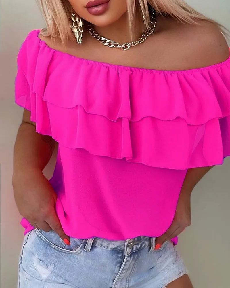 

Женский шифоновый топ с коротким рукавом, открытыми плечами и оборками на подоле