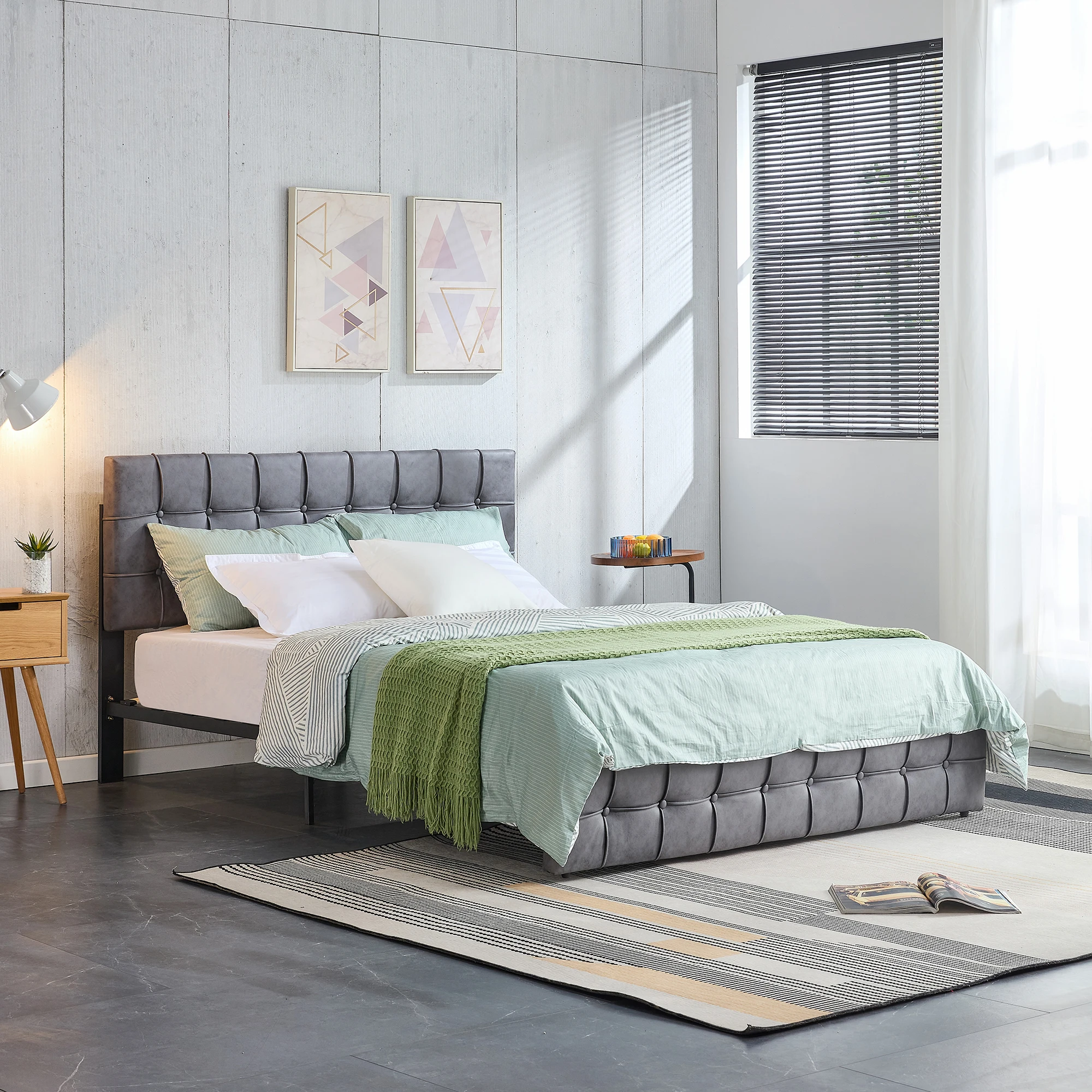 Modern Tech Cloth Upholstered Platform Bed W/adjustable Headboard Heavy Duty Button Wood Slat Support Grey