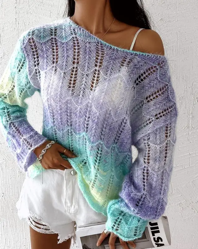 

Fashion Woman Blouse 2023 Summer New Casual Simple Crew Neck Ombre Hollow Out Skew Neck Knit Sweater Basic Commuter