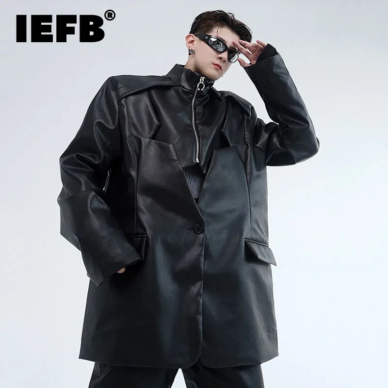 

IEFB Autumn Winter Design Stand Collar Splicing Trend Men's PU Leather Coat Fashionable Personality 2023 Male Tops 9A7058