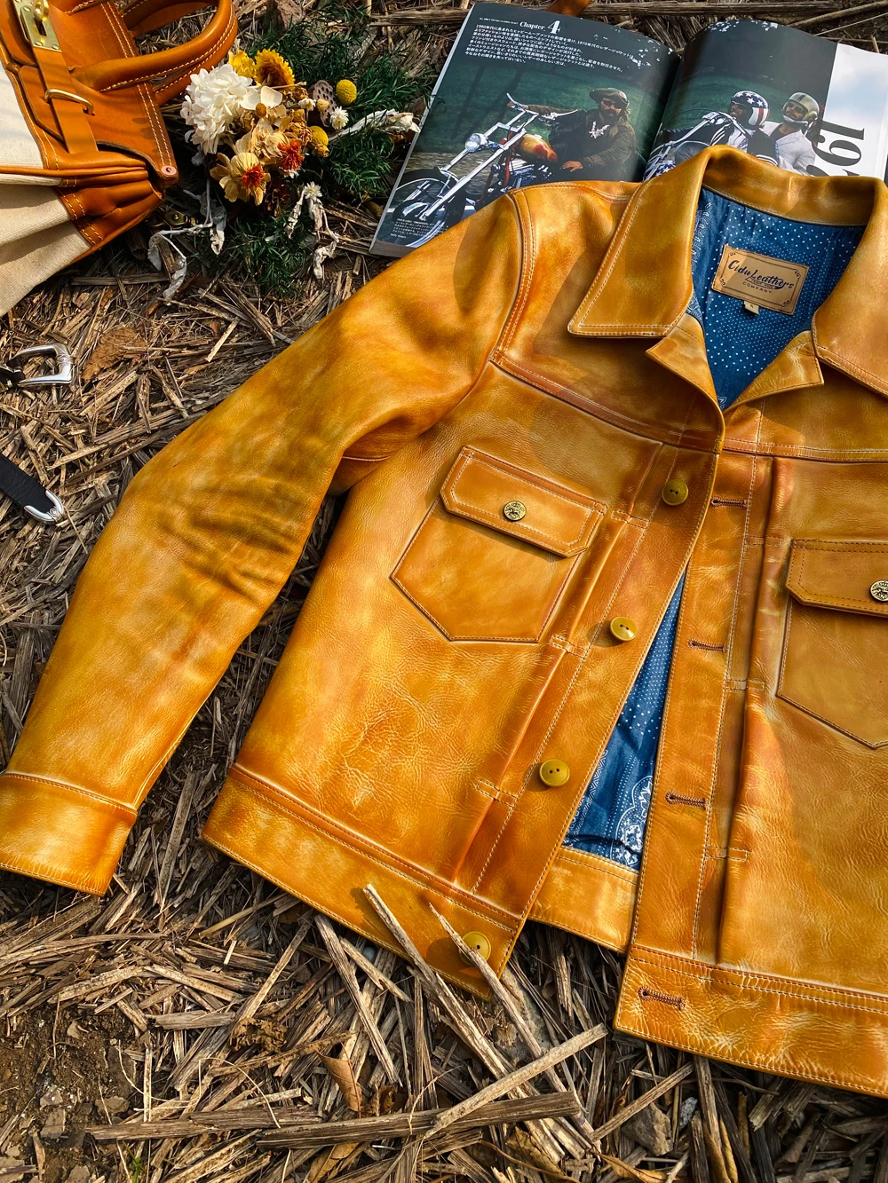 Мужская Тонкая винтажная куртка из воловьей кожи растительного дубления |