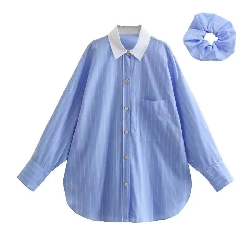 

Женская свободная рубашка ZA, повседневная однобортная прямая блузка в синюю полоску с отложным воротником, 2023