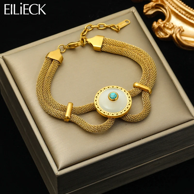 

EILIECK 316L Stainless Steel Round Stone Charm Bracelet For Women Girl Fashion 2in1 Chains Bangles Waterproof Jewelry Gift Party