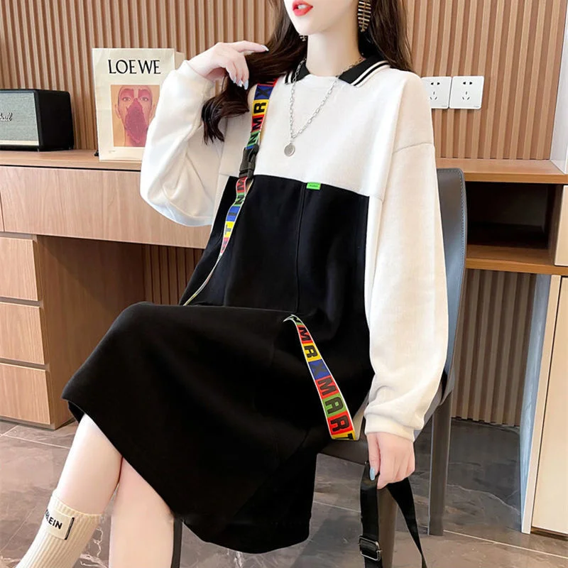 

Длинное боди, свитшот, женское свободное дизайнерское платье большого размера с длинным рукавом, воротник поло, Лоскутная футболка, платье, ...