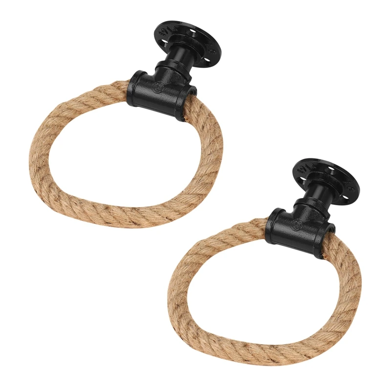 

2X Towel Rack Ring Industrial Style Wall Mount Towel Holder Iron Pipe Hemp Rope Bathroom Toilet Home Hotels Decoration