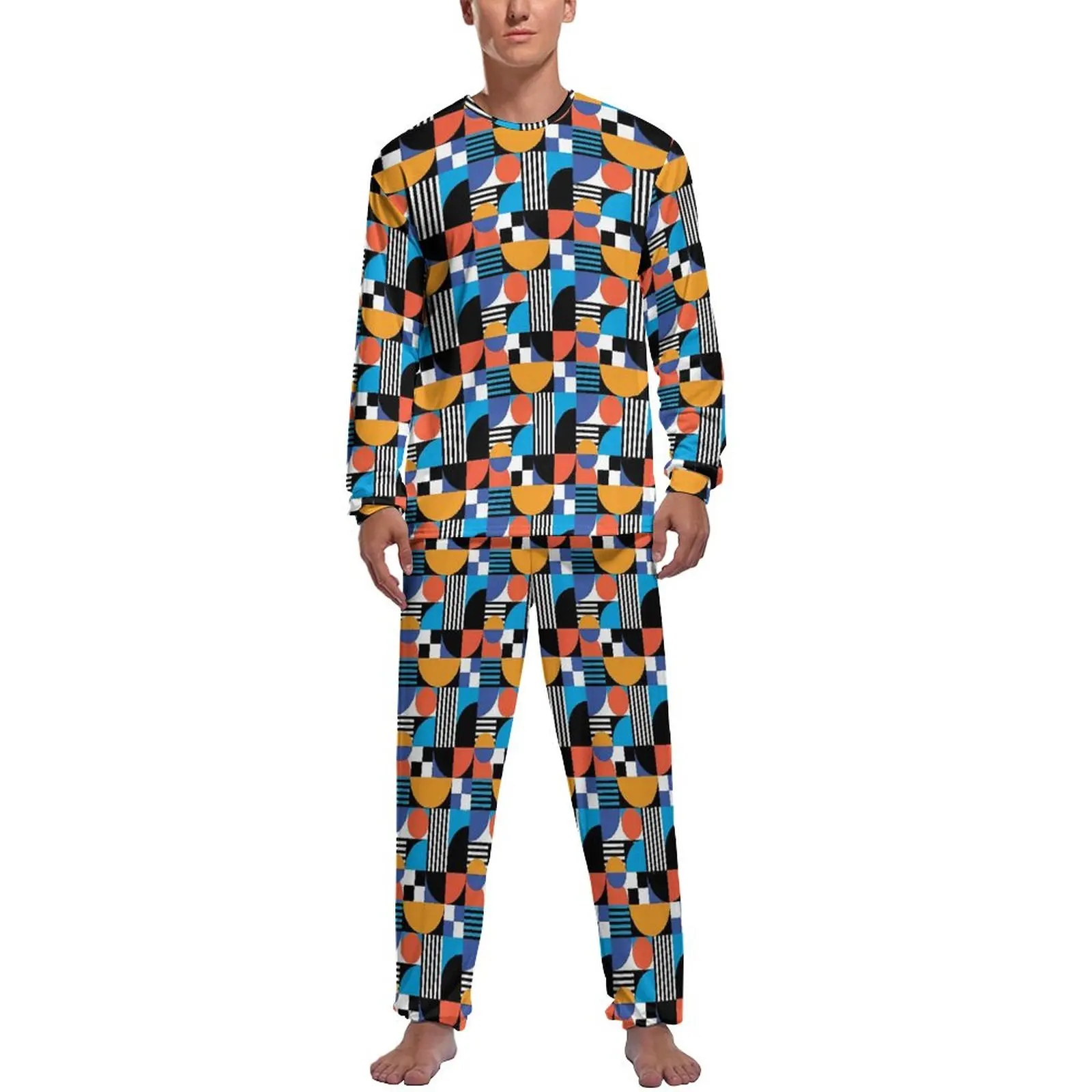 

Modern Geo Print Pajamas Daily 2 Pieces Shapes And Stripes Warm Pajamas Set Mens Long Sleeve Bedroom Graphic Nightwear