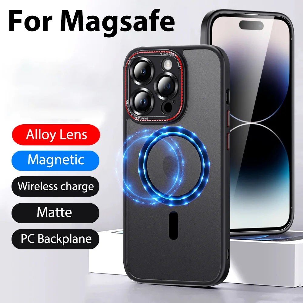 

Translucent Matte Hybrid Armor Magnetic For Magsafe PC Case For iPhone 14 13 12 Pro Plus Max Wireless Charging Alloy Lens Funda