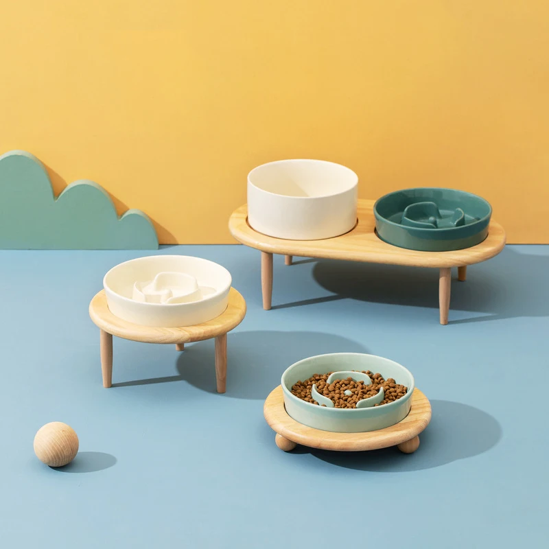 

Small Dog Slow Feed Bowl Elevated Cat Drinking Eating Ceramic Bowls with Wooden Stand Pet Anti-Gulping Feeding Food Water Plate
