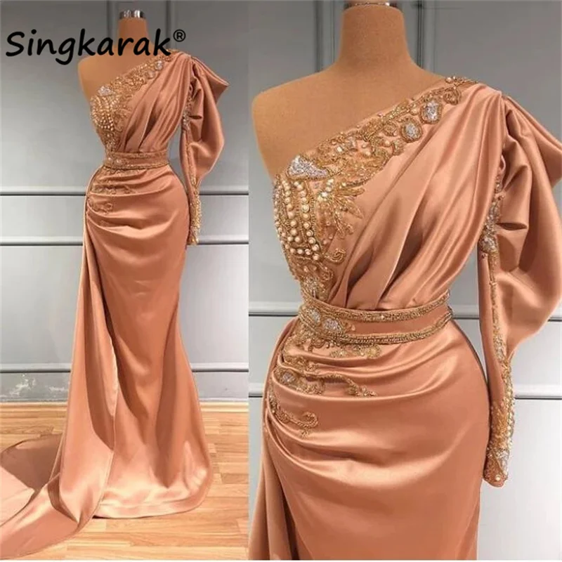

Elegant One Shoulder Evening Gowns Appliques Beads Pearls Crystal Muslim Mermaid Prom Dresses Luxury Saudi-Arabia
