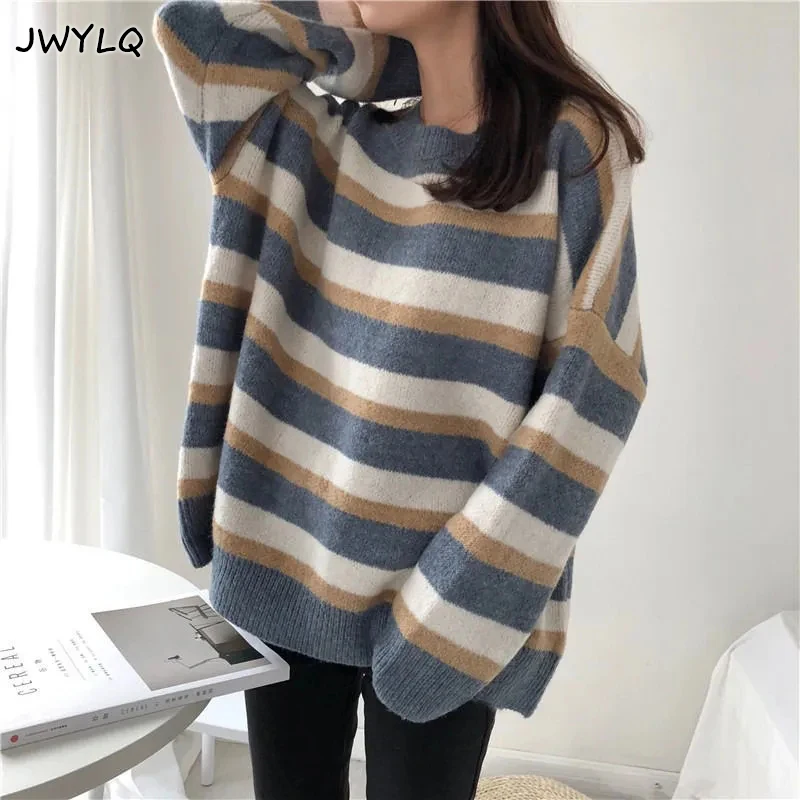 

N девушки корейский o-образный вырез полосатый длинный рукав в стиле преппи пуловер свитер для женщин простой Свободный Вязаный Свитер оверсайз теплый свитер