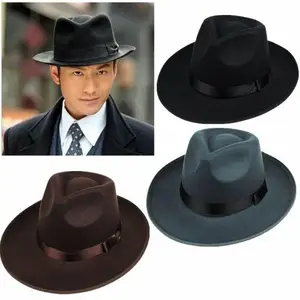2022 Panama Hat Gangster Cap For Men Women Vintage Fedora Derby Fashion Bowler Wool Sun-shade Brim B in USA (United States)
