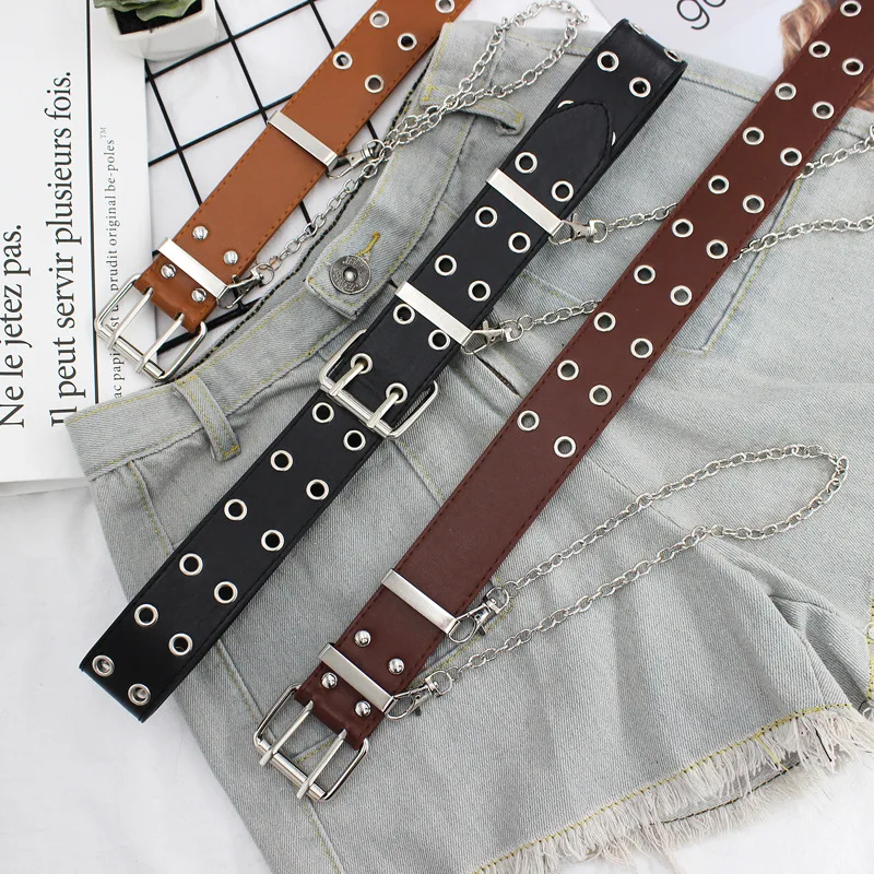 

New Arrival Female Hip-hop Wide Trousers Iron Ring Chain Double-exhaust Steam Eyelet Belt Student Fashion Decorative Belt Women