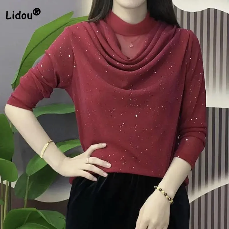 

Spring Summer Female Fashion Solid Color Bright Silk T-shirt Korean Casual Mesh Spliced Long Sleeve Loose Tops Women's Clothing