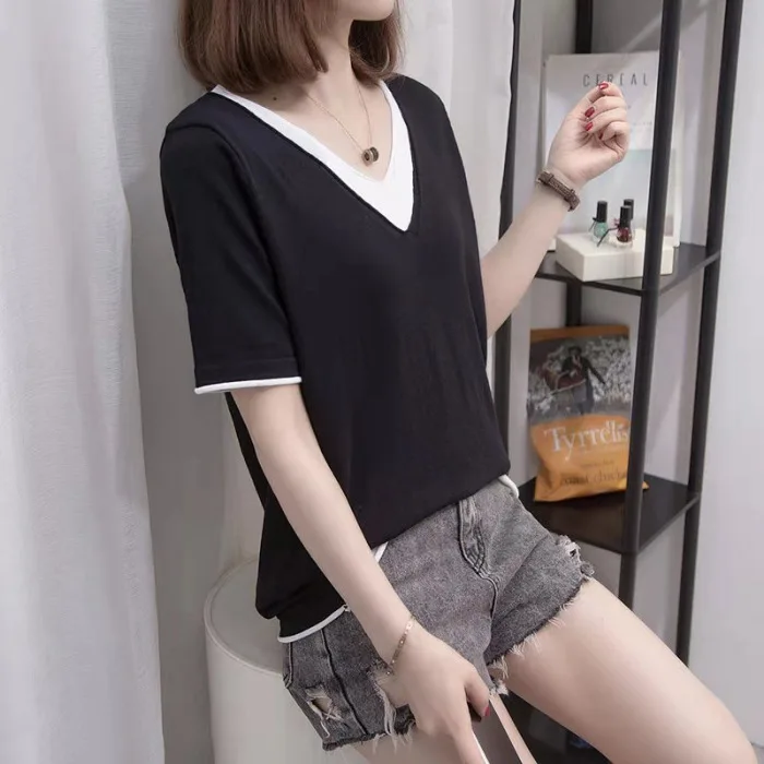 Women's 2021 summer new style short sleeve loose V-neck T-shirt top   WHITE