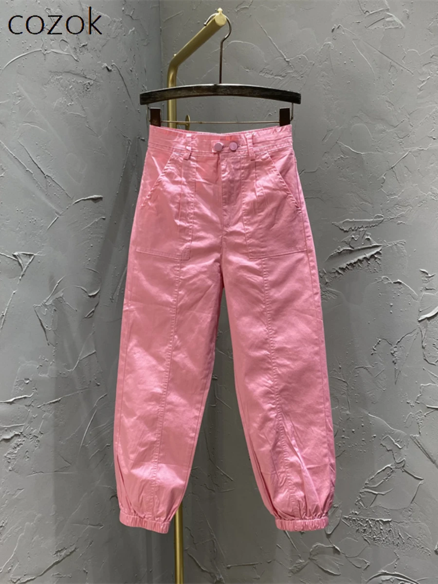 

European Goods Pink Casual Harem Pants for Women 2023 Summer New High Waist Loose Fashion Ankle-Tied Cropped Tooling Pants