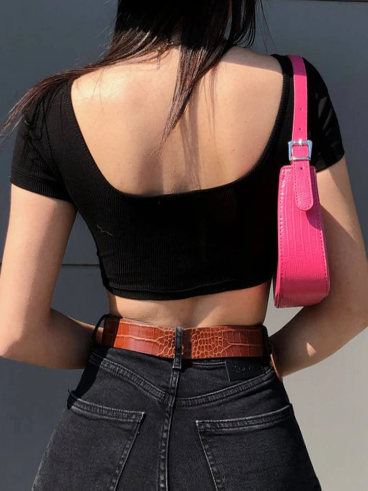 Черная Базовая Летняя женская футболка Darlingaga с квадратным воротником