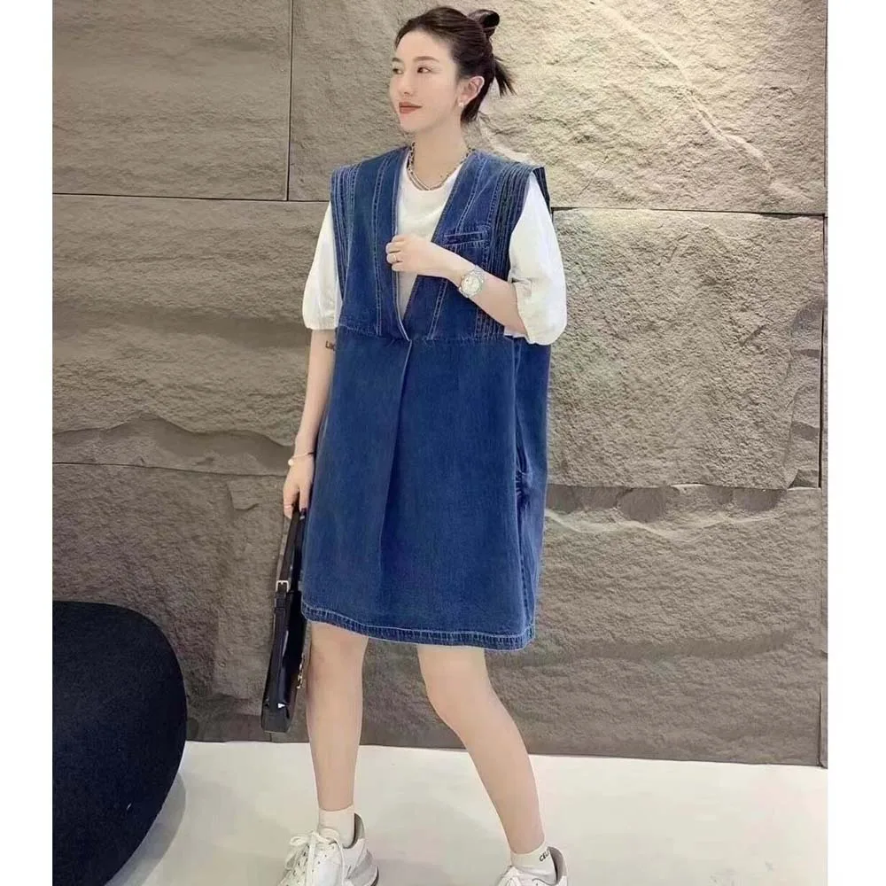 

Женский комплект из двух предметов, топ с коротким рукавом-фонариком и джинсовая майка с эффектом потертости, пуловер для отдыха, Новинка ле...