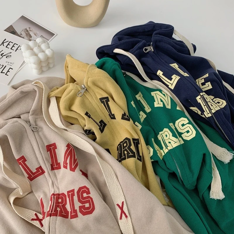 

Letter Printed Zipper Up Front Hoodie Khaki Yellow Green Bue Spring Women Sweat Coat