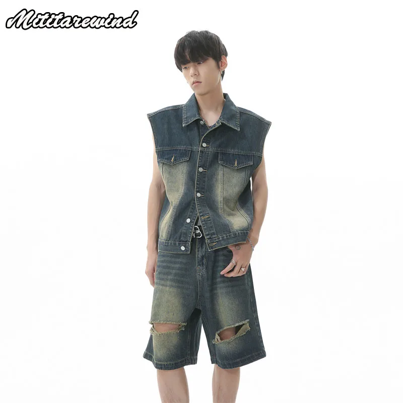 

Summer Men's Casual Denim Sets Vest Sleeveless Ans Shorts Distress Ripped Hole Vintage Light Dark Blue Simple Ins Fashion