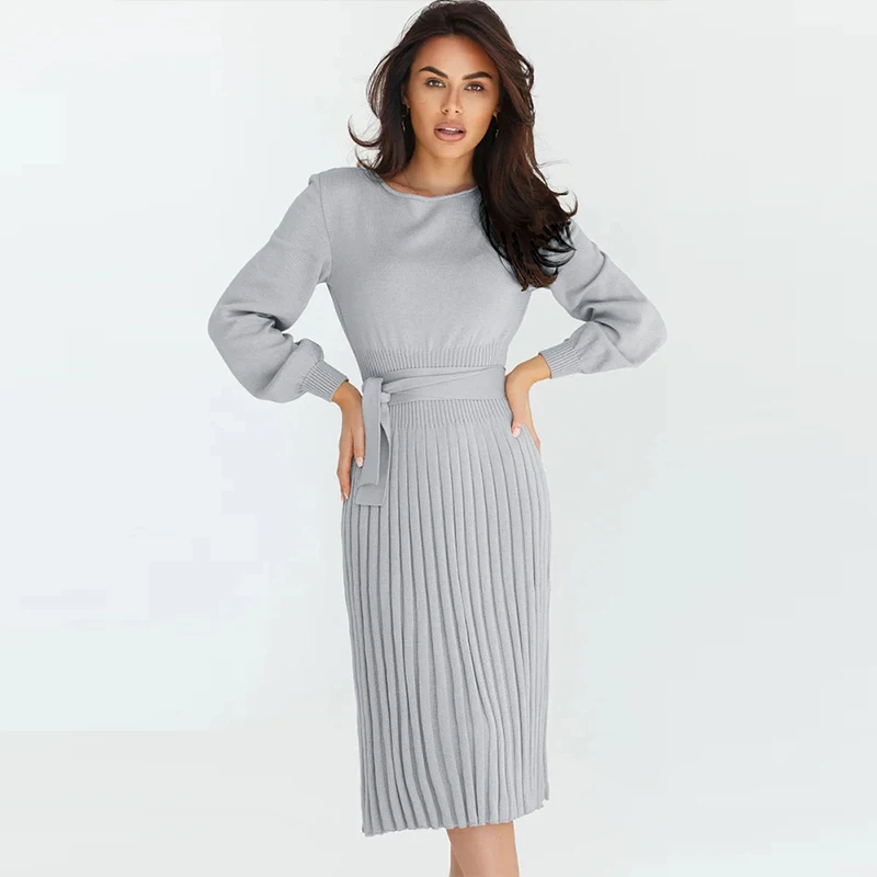 

2022 Women's New Autumn and Winter Knitted Dress Slim Pleated Mid-length Sweater Skirt Long Sleeve O-neck Dress Lantern Sleeve