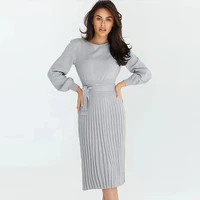 2022 womens new autumn and winter knitted dress slim pleated mid length sweater skirt long sleeve o neck dress lantern sleeve
