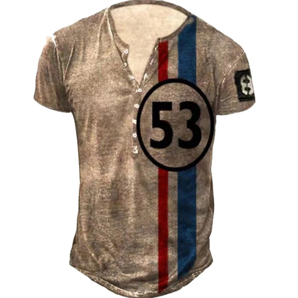 

Футболка мужская хлопковая оверсайз, винтажная тенниска с 3D принтом, на пуговицах, с коротким рукавом и V-образным вырезом, повседневная май...