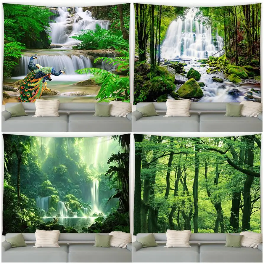 

Лесной Фотофон с зелеными павами, тропическими растениями, водопадом, пейзажем для сада, настенный Декор для дома, гостиной