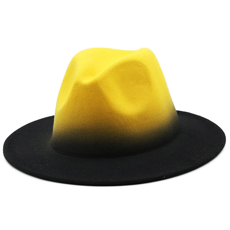 

Gradient Color Party Top Hat Women Men Wool Felt Jazz Fedora Hats Trend Wide Brim Spray Paint Patchwork Cap Sombreros De Mujer