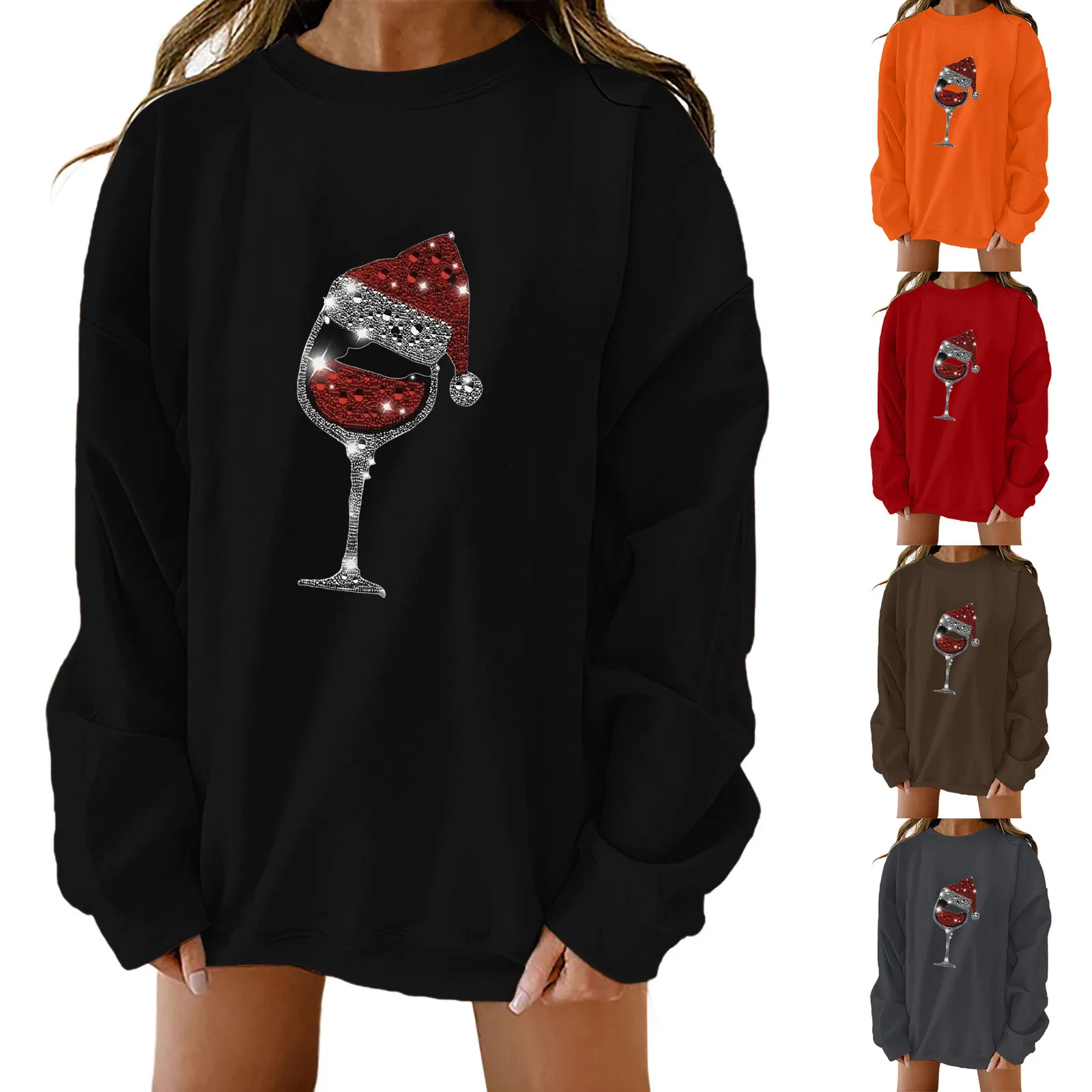 

Women Pullover Sweatshirt Wineglass Print Crewneck Sweatshirt Korean style Fairy Aesthetic