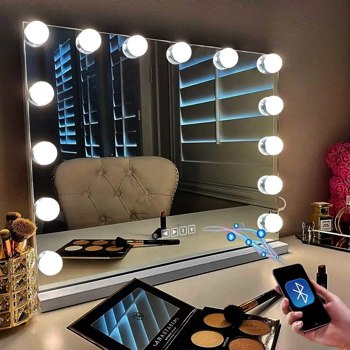 

HANSONG Vanity Mirror with Lights Bluetooth Hollywood Makeup Vanity Mirror 14 Bulbs 3 Color Lighting Modes Lighted Makeup Mirror