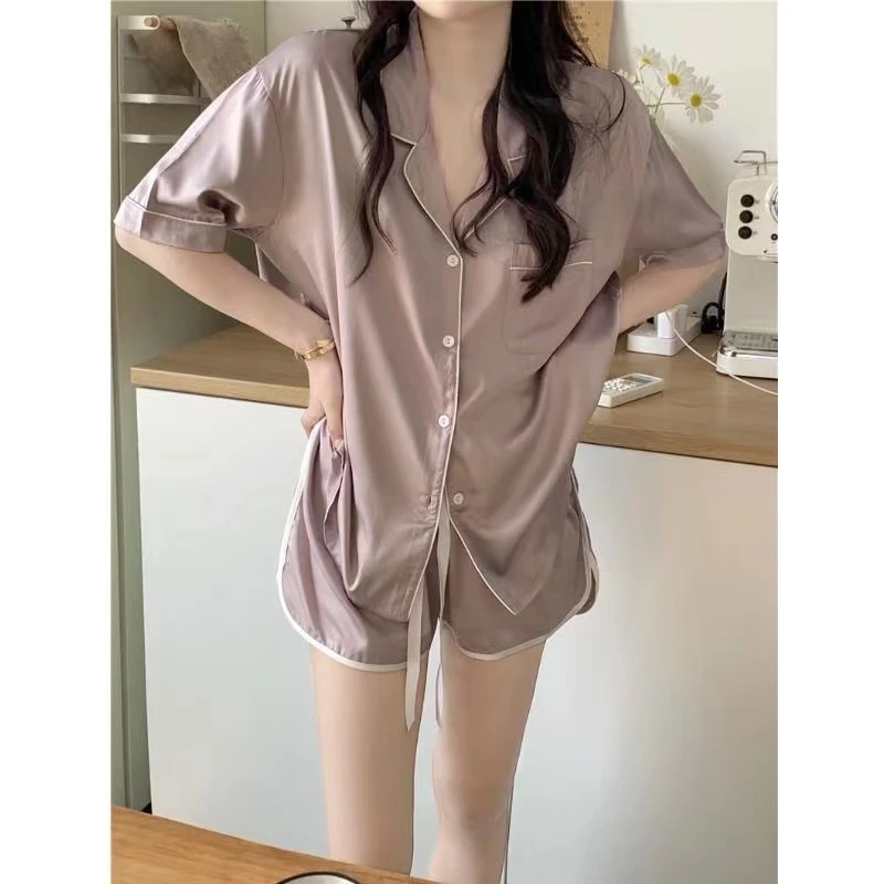 

Pajama Sets For Women 2 Piece Set Summer Solid Cardigan Silk Satin Loose Short Sleeve Top+Shorts Female Pijamas Homewear Suit