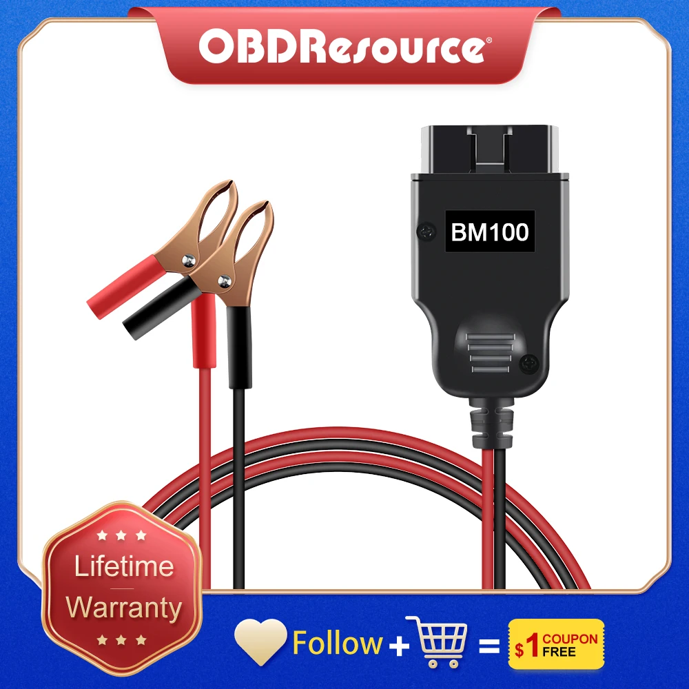 

OBDResource Car Battery Tester BM100 12V Auto Battery Replacement Testing Tool Power Supply Cable with Clips Charging Test Tool