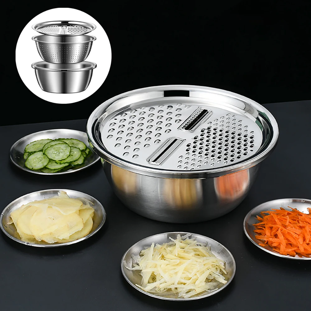 

3Pcs/Set Stainless Steel Vegetables Fruits Graters Drain Basin Rice Washing Filter Multifunctional Kitchen Tool Grater Strainer