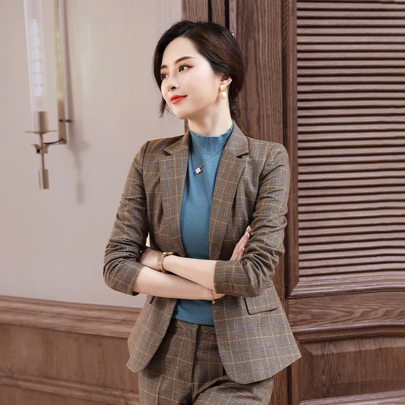 IZICFLY New Style High Quality Coffee Plaid Spring Fall Elegant Blazer Suits With Pant Set Woman 2 Pieces Business OL Work Wear