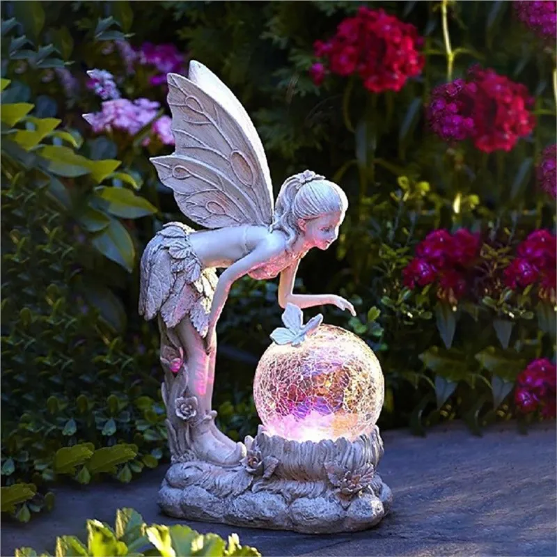 

Flower Fairy Garden Resin Ornament Glowing Crystal Ball Solar Lamp Elf Girl Home Interior Figurine Desktop Office Decor 2022 New