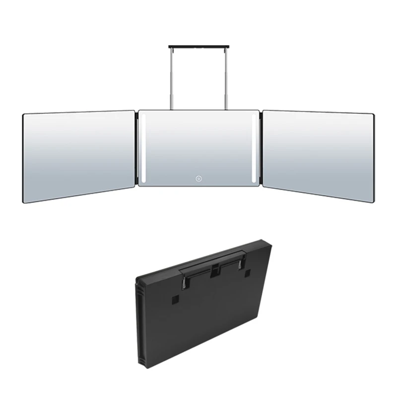 

H55A 3 Way Trifold Wall Mounted Haircut Mirror with Led Light Dye Hair Makeup Mirrors