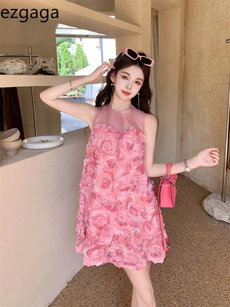 Ezgaga платья без рукавов женские цветы милые лоскутные трехмерные розы во