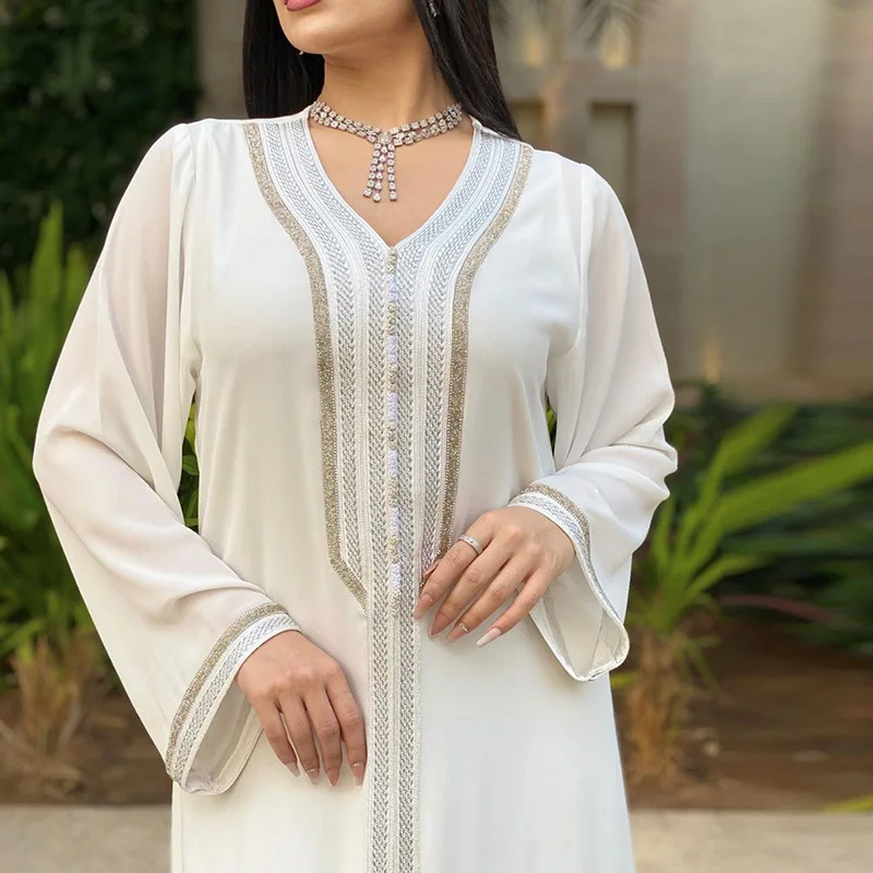 

Diamonds Jalabiya Kaftan Long Dress Women Moroccan Party Wedding Caftan with Inner Robe Islam Muslim Saudi Gulf Abaya White