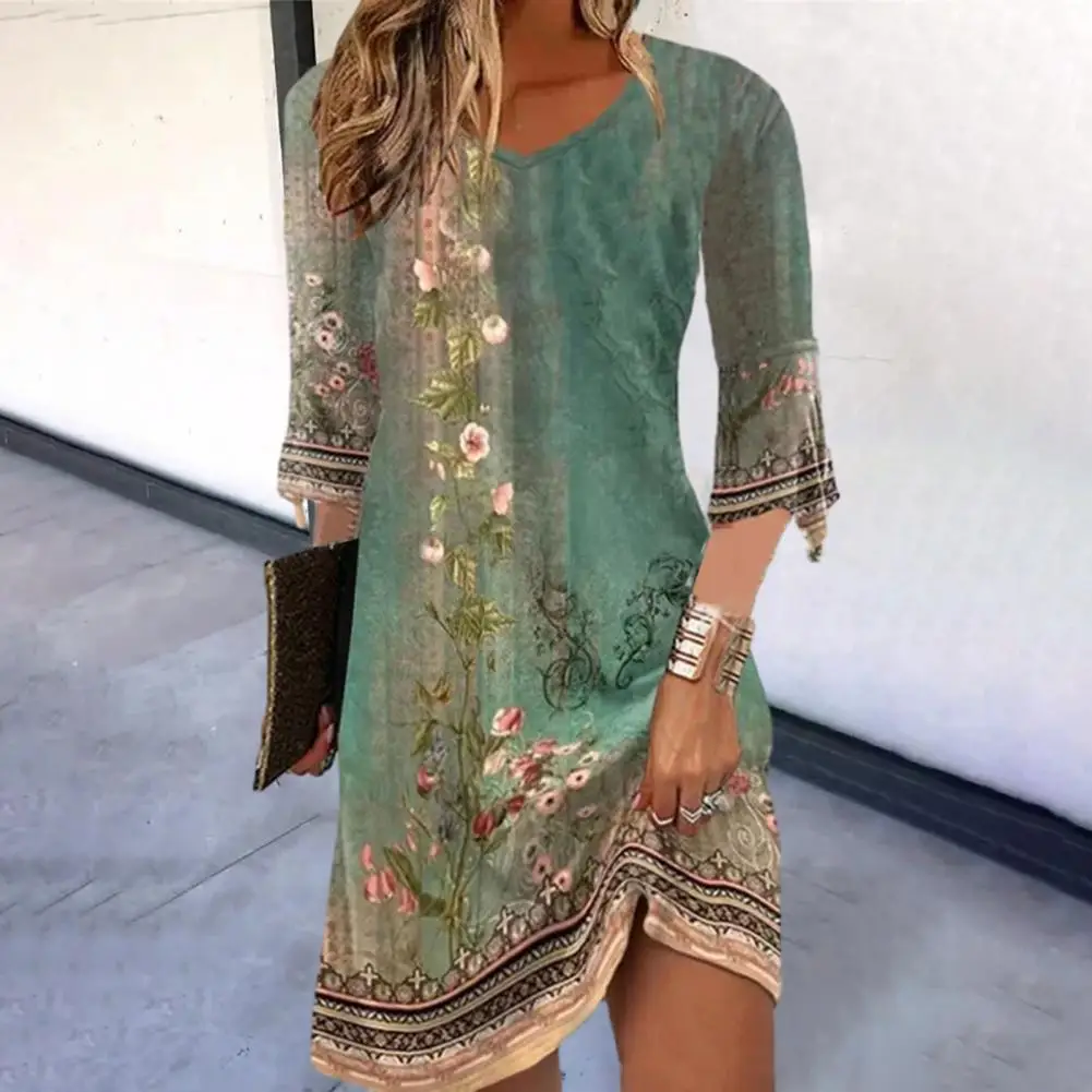 

Женское винтажное платье-трапеция с цветочным принтом и рукавами-фонариками