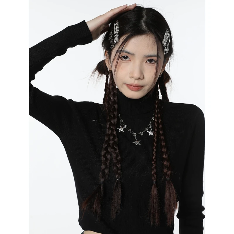 

Women's Clothes Black Stripe Sweater High Collar Short Vintage Fashion Lazy Wind Winter New Long Sleeves Knitting Pullover Tops