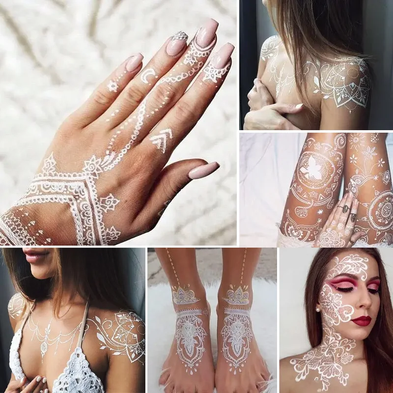 

1PC White Lace Tattoo Sticker 3D Waterproof Henna Tattoo European and American Wedding Bridal Waterproof Tattoo Sticker