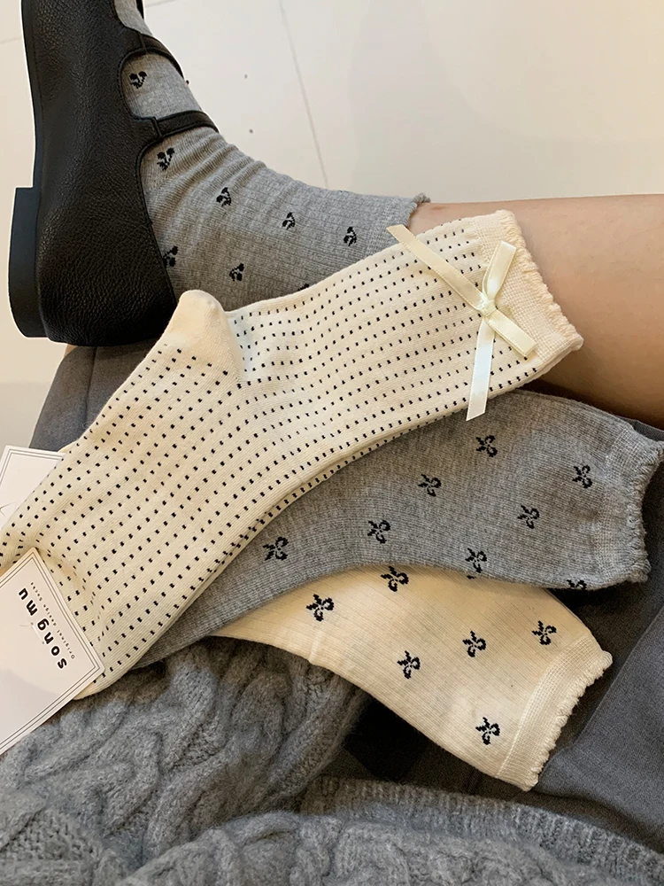 Носки в горошек с бантом Женские носки-трубочки Весна и осень Чистый хлопок Miu Sle
