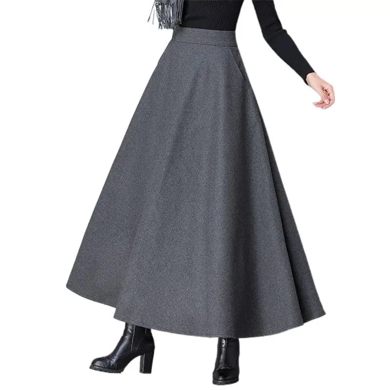 

Winter Women Long Woolen Skirt Fashion High Waist Basic Wool Skirts Female Casual Thick Warm Elastic A-Line Maxi Skirts O839