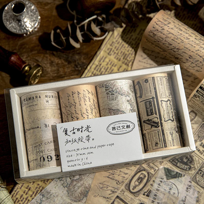 

4rolls per box Washi Retro English alphabet map decoration handbook material stickers stationery literary adhesive tape 75mm*2m